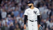 Oct 8, 2025; Bronx, New York, USA; New York Yankees pitcher Devin Williams (38) reacts after giving up a two run RBI during the seventh inning during game four of the ALDS round for the 2025 MLB playoffs at Yankee Stadium. Mandatory Credit: Brad Penner-Imagn Images