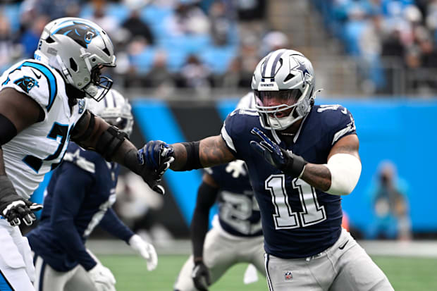 Dallas Cowboys linebacker Micah Parsons rushes against Carolina Panthers offensive tackle Taylor Moton.