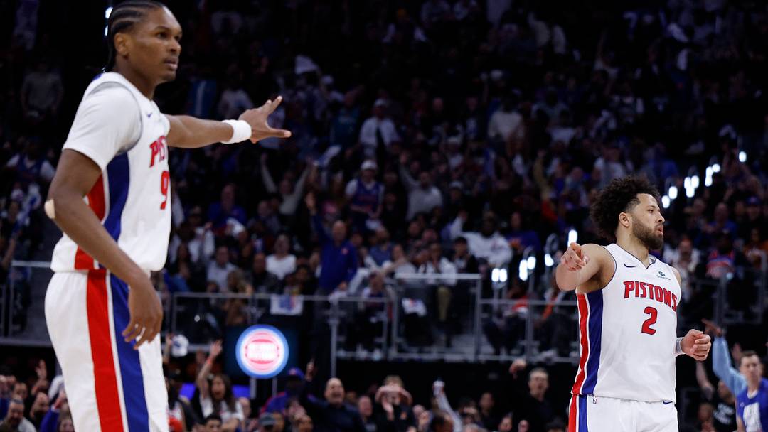 Apr 29, 2026; Detroit, Michigan, USA; Detroit Pistons guard Cade Cunningham (2) celebrates his three point basket with guard Ausar Thompson (9) in the second half against the Orlando Magic during game five of the first round of the 2026 NBA Playoffs at Little Caesars Arena. Mandatory Credit: Rick Osentoski-Imagn Images
