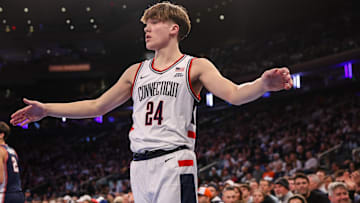 Nov 28, 2025; New York, New York, USA;  UConn Huskies guard Braylon Mullins (24) at Madison Square Garden. Mandatory Credit: Wendell Cruz-Imagn Images