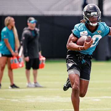 May 10, 2025; Jacksonville, FL, USA; Jacksonville Jaguars wide receiver Joshua Cephus (80) participates in a drill during rookie minicamp at Miller Electric Center. Mandatory Credit: Travis Register-Imagn Images