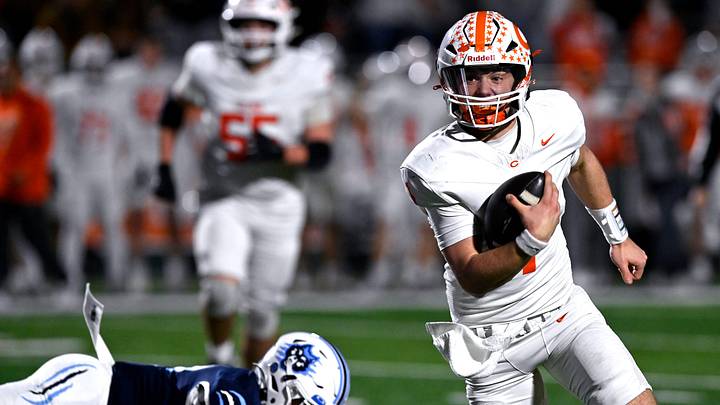 Celina quarterback Bowe Bentley scrambles with the ball during the Bobcats’ Class 4A Div. I semi-final game against West Plains in Abilene Dec. 13, 2024. Final score was 43-36, Celina.
