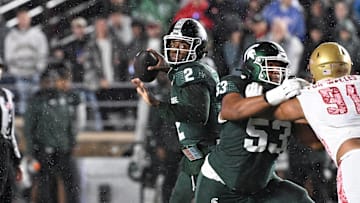 Sep 21, 2024; Chestnut Hill, Massachusetts, USA; Michigan State Spartans quarterback Aidan Chiles (2) throws a pass against the Boston College Eagles during the first half at Alumni Stadium. Mandatory Credit: Eric Canha-Imagn Images