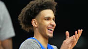 Apr 4, 2025; San Antonio, TX, USA; Duke Blue Devils guard Tyrese Proctor (5) during a practice session for the Final Four of the 2025 NCAA tournament at Alamodome. Mandatory Credit: Bob Donnan-Imagn Images