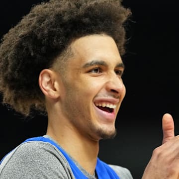 Apr 4, 2025; San Antonio, TX, USA; Duke Blue Devils guard Tyrese Proctor (5) during a practice session for the Final Four of the 2025 NCAA tournament at Alamodome. Mandatory Credit: Bob Donnan-Imagn Images