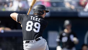 Mar 11, 2025; Peoria, Arizona, USA; Chicago White Sox catcher  Kyle Teel against the San Diego Padres during a spring training game at Peoria Sports Complex. Mandatory Credit: Mark J. Rebilas-Imagn Images