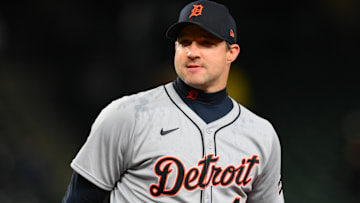 Detroit Tigers relief pitcher Tommy Kahnle (43) reacts to the final out of the ninth inning against the Seattle Mariners at T-Mobile Park.