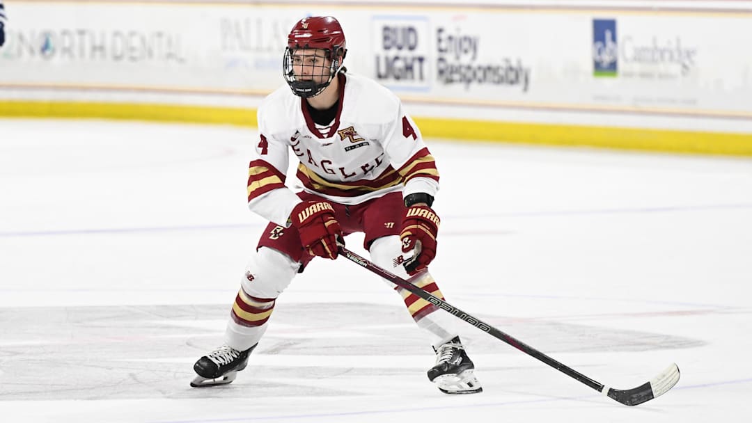 Feb 28, 2025; Chestnut Hill, MA, USA; Boston College forward Teddy Stiga (4) skates against the University of New Hampshire Wildcats during the first period at Conte Forum. Mandatory Credit: Eric Canha-Imagn Images