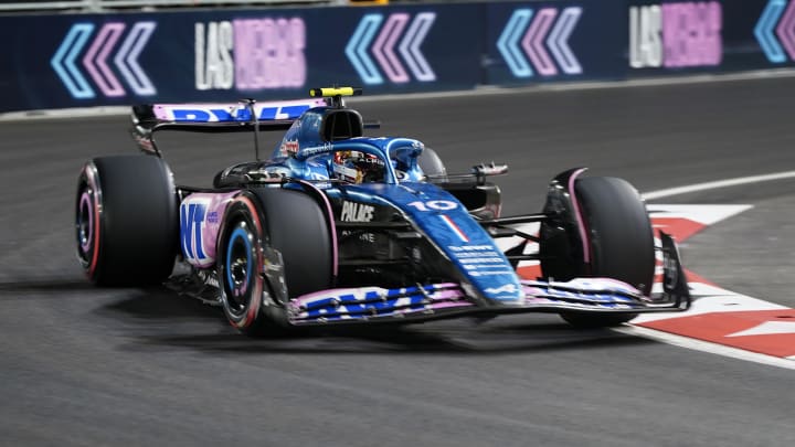 Nov 17, 2023; Las Vegas, Nevada, USA;   BWT Alpine F1 driver Pierre Gasly (10) of France drives during the qualifiers at the Las Vegas Strip Circuit. Mandatory Credit: Lucas Peltier-USA TODAY Sports