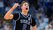 Mar 8, 2025; Chapel Hill, North Carolina, USA; Duke Blue Devils forward Cooper Flagg (2) reacts in the second half at Dean E. Smith Center. Mandatory Credit: Bob Donnan-Imagn Images