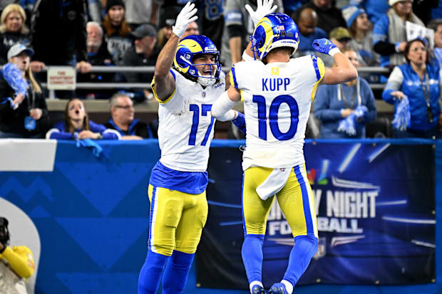 Los Angeles Rams WR Puka Nacua celebrates with WR Cooper Kupp after a touchdown