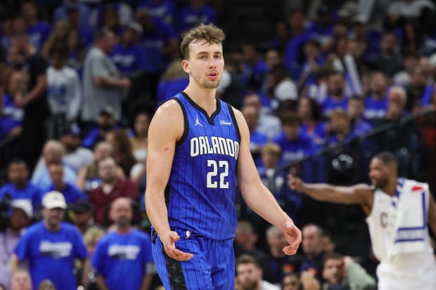 Orlando Magic forward Franz Wagner (22) reacts to a call.