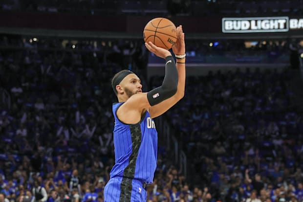 Orlando Magic guard Jalen Suggs shoots a three-pointer. 
