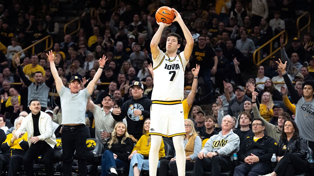 Iowa forward Alvaro Folgueiras (7) attempts a 3-pointer March 5, 2026 during a Big Ten basketball game against the Michigan Wolverines at Carver-Hawkeye Arena in Iowa City, Iowa.