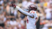 Aug 31, 2024; Nashville, Tennessee, USA;  Virginia Tech Hokies linebacker Jaden Keller (24) points to the crowd against the Vanderbilt Commodores during the first half at FirstBank Stadium. Mandatory Credit: Steve Roberts-Imagn Images