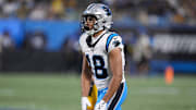 Aug 21, 2025; Charlotte, North Carolina, USA; Carolina Panthers wide receiver Jalen Coker (18) during the second half against the Pittsburgh Steelers at Bank of America Stadium. Mandatory Credit: Jim Dedmon-Imagn Images