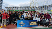 USC, left, and Texas A&M celebrate a tie for the team title on day three of the NCAA Outdoor Track and Field Championships on June 13, 2025, at Hayward Field in Eugene.