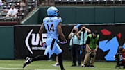 Mar 30, 2024; Arlington, TX, USA; Arlington Renegades wide receiver Isaiah Winstead (14) catches a pass for a touchdown against the Birmingham Stallions during the first half at Choctaw Stadium. Mandatory Credit: Jerome Miron-Imagn Images