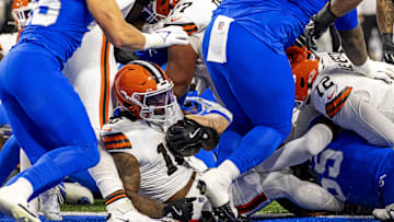 Sep 28, 2025; Detroit, Michigan, USA; Cleveland Browns running back Quinshon Judkins (10) scores a touch down during the first half against the Detroit Lions at Ford Field. Mandatory Credit: David Reginek-Imagn Images