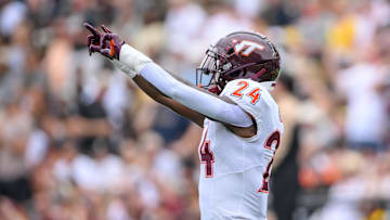 Aug 31, 2024; Nashville, Tennessee, USA;  Virginia Tech Hokies linebacker Jaden Keller (24) points to the crowd against the Vanderbilt Commodores during the first half at FirstBank Stadium. Mandatory Credit: Steve Roberts-Imagn Images