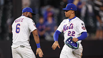 Apr 29, 2025; New York City, New York, USA; New York Mets designated hitter Starling Marte (6) and right fielder Juan Soto (22) celebrate after defeating the Arizona Diamondbacks at Citi Field. Mandatory Credit: Vincent Carchietta-Imagn Images
