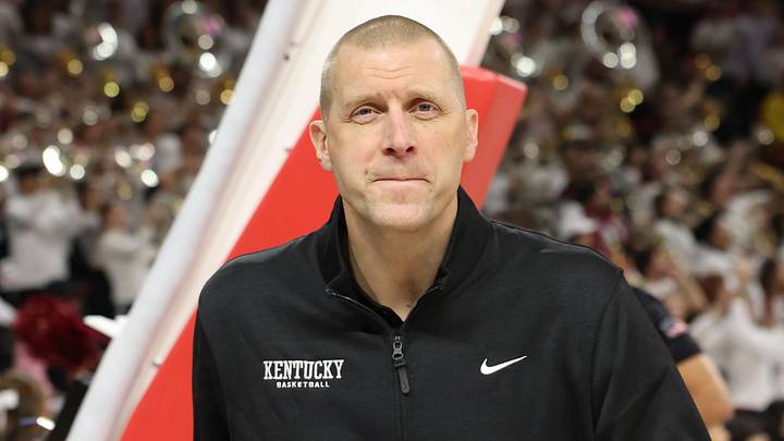 Jan 31, 2026; Fayetteville, Arkansas, USA; Kentucky Wildcats head coach Mark Pope prior to the game against the Arkansas Razorbacks at Bud Walton Arena. Kentucky won 85-77. Mandatory Credit: Nelson Chenault-Imagn Images