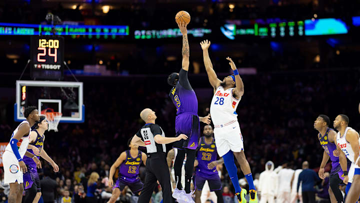 Jan 28, 2025; Philadelphia, Pennsylvania, USA;Los Angeles Lakers forward Anthony Davis (3) and Philadelphia 76ers forward Guerschon Yabusele (28) tip off to start the game at Wells Fargo Center. Mandatory Credit: Bill Streicher-Imagn Images Jan 28, 2025; Philadelphia, Pennsylvania, USA;Los Angeles Lakers forward Anthony Davis (3) and Philadelphia 76ers forward Guerschon Yabusele (28) tip off to start the game at Wells Fargo Center. Mandatory Credit: Bill Streicher-Imagn Images