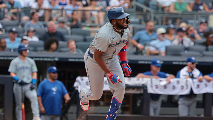 Toronto Blue Jays first baseman Vladimir Guerrero Jr. (27) doubles during the third inning against the New York Yankees at Yankee Stadium on Aug. 4.