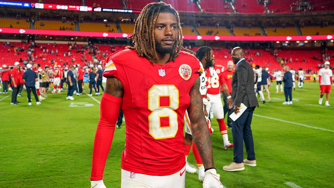Aug 22, 2025; Kansas City, Missouri, USA; Kansas City Chiefs cornerback Kristian Fulton (8) leaves the field after the game against the Chicago Bears at GEHA Field at Arrowhead Stadium. Mandatory Credit: Denny Medley-Imagn Images