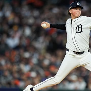 Detroit Tigers pitcher Reese Olson (45) throws against Cleveland Guardians during the third inning at Game 4 of ALDS at Comerica Park in Detroit on Thursday, Oct. 10, 2024.