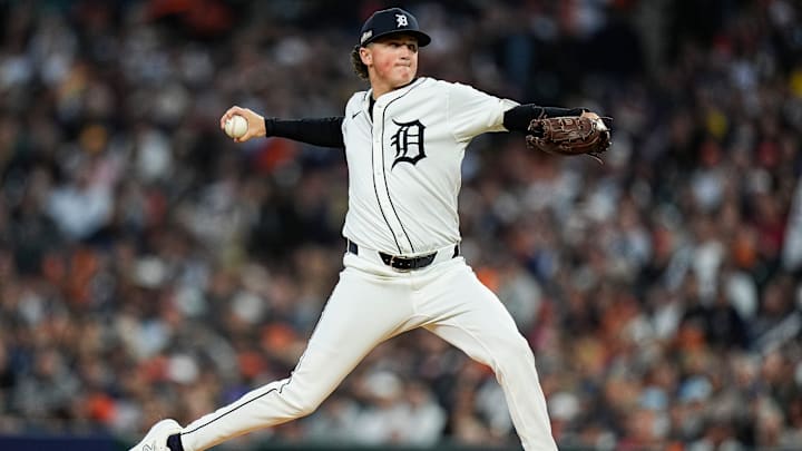 Detroit Tigers pitcher Reese Olson (45) throws against Cleveland Guardians during the third inning at Game 4 of ALDS at Comerica Park in Detroit on Thursday, Oct. 10, 2024. Detroit Tigers pitcher Reese Olson (45) throws against Cleveland Guardians during the third inning at Game 4 of ALDS at Comerica Park in Detroit on Thursday, Oct. 10, 2024.