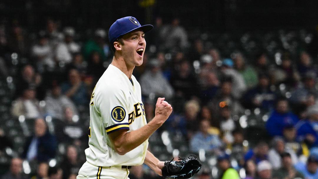 May 13, 2026; Milwaukee, Wisconsin, USA; Milwaukee Brewers starting pitcher Jacob Misiorowski (32) reacts after retiring the side in the seventh inning against the San Diego Padres at American Family Field. Mandatory Credit: Benny Sieu-Imagn Images