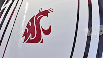 Jan 4, 2025; Pullman, Washington, USA; A general view of a Washington State Cougars logo at Friel Court at Beasley Coliseum. Mandatory Credit: James Snook-Imagn Images