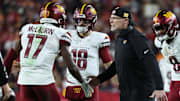 Jan 12, 2025; Tampa, Florida, USA; Washington Commanders wide receiver Terry McLaurin (17) celebrates with head coach Dan Quinn after catching a touchdown during the fourth quarter of a NFC wild card playoff against the Tampa Bay Buccaneers at Raymond James Stadium. Mandatory Credit: Kim Klement Neitzel-Imagn Images