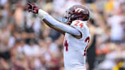 Aug 31, 2024; Nashville, Tennessee, USA;  Virginia Tech Hokies linebacker Jaden Keller (24) points to the crowd against the Vanderbilt Commodores during the first half at FirstBank Stadium. Mandatory Credit: Steve Roberts-Imagn Images