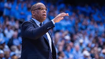 Nov 11, 2025; Chapel Hill, North Carolina, USA;  North Carolina Tar Heels head coach Hubert Davis directs his team during the first half against the Radford Highlanders at Dean E. Smith Center. Mandatory Credit: Scott Kinser-Imagn Images