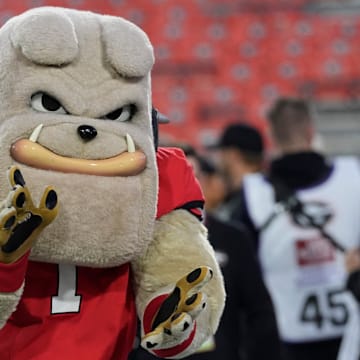 Georgia mascot Hairy Dawg at the Dawg Walk before the start of a NCAA college football game against Tennessee in Athens, Ga., on Saturday, Nov. 16, 2024.