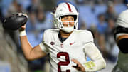 Nov 8, 2025; Chapel Hill, North Carolina, USA;  Stanford Cardinal quarterback Elijah Brown (2) looks to pass in the third quarter at Kenan Stadium. Mandatory Credit: Bob Donnan-Imagn Images