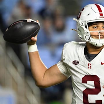 Nov 8, 2025; Chapel Hill, North Carolina, USA;  Stanford Cardinal quarterback Elijah Brown (2) looks to pass in the third quarter at Kenan Stadium. Mandatory Credit: Bob Donnan-Imagn Images