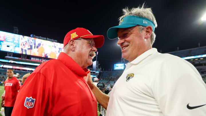 Aug 10, 2024; Jacksonville, Florida, USA; Jacksonville Jaguars head coach Doug Pederson greets Kansas City Chiefs head coach Andy Reid after a preseason game at EverBank Stadium. 