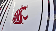 Jan 4, 2025; Pullman, Washington, USA; A general view of a Washington State Cougars logo at Friel Court at Beasley Coliseum. Mandatory Credit: James Snook-Imagn Images