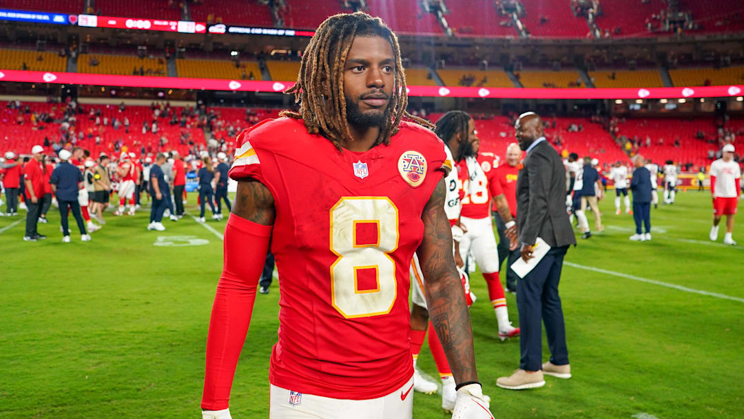 Aug 22, 2025; Kansas City, Missouri, USA; Kansas City Chiefs cornerback Kristian Fulton (8) leaves the field after the game against the Chicago Bears at GEHA Field at Arrowhead Stadium. Mandatory Credit: Denny Medley-Imagn Images
