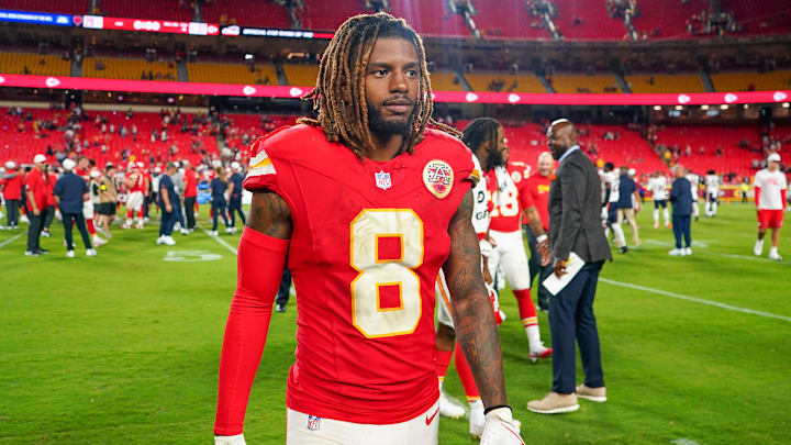 Aug 22, 2025; Kansas City, Missouri, USA; Kansas City Chiefs cornerback Kristian Fulton (8) leaves the field after the game against the Chicago Bears at GEHA Field at Arrowhead Stadium. Mandatory Credit: Denny Medley-Imagn Images