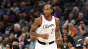 Apr 11, 2025; Sacramento, California, USA; Los Angeles Clippers forward Kawhi Leonard (2) reacts after making a three point basket against the Sacramento Kings during the second quarter at Golden 1 Center. Mandatory Credit: Darren Yamashita-Imagn Images