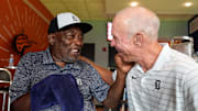Chet Lemon talks to ex-Tigers teammate Alan Trammell before a Detroit game in 2024.