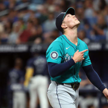 Seattle Mariners pitcher Bryan Woo (22) reacts at the end of the first inning against the Tampa Bay Rays at Tropicana Field on June 24.