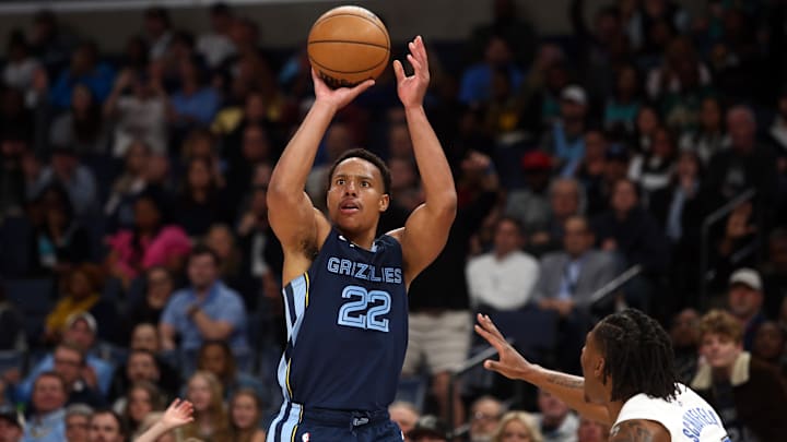 Mar 28, 2023; Memphis, Tennessee, USA; Memphis Grizzlies guard Desmond Bane (22) shoots for three during the second half against the Orlando Magic at FedExForum. Mandatory Credit: Petre Thomas-Imagn Images Mar 28, 2023; Memphis, Tennessee, USA; Memphis Grizzlies guard Desmond Bane (22) shoots for three during the second half against the Orlando Magic at FedExForum. Mandatory Credit: Petre Thomas-Imagn Images