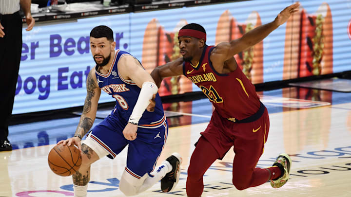 New York Knicks guard Austin Rivers drives to the basket against Cleveland Cavaliers guard Damyean Dotson. Mandatory Credit: Ken Blaze-Imagn Images New York Knicks guard Austin Rivers drives to the basket against Cleveland Cavaliers guard Damyean Dotson. Mandatory Credit: Ken Blaze-Imagn Images