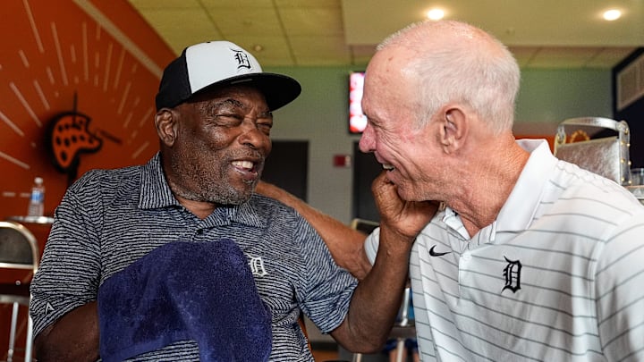 Chet Lemon talks to ex-Tigers teammate Alan Trammell before a Detroit game in 2024.