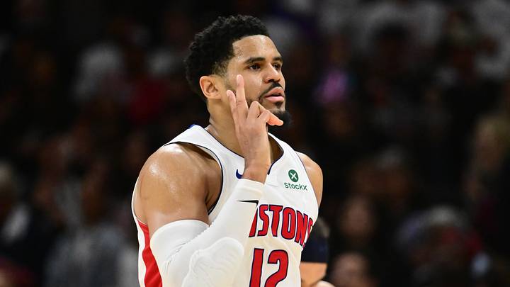 May 9, 2026; Cleveland, Ohio, USA; Detroit Pistons forward Tobias Harris (12) celebrates after hitting a three point basket against the Cleveland Cavaliers during the second half of game three in the second round of the 2026 NBA Playoffs at Rocket Arena. Mandatory Credit: Ken Blaze-Imagn Images